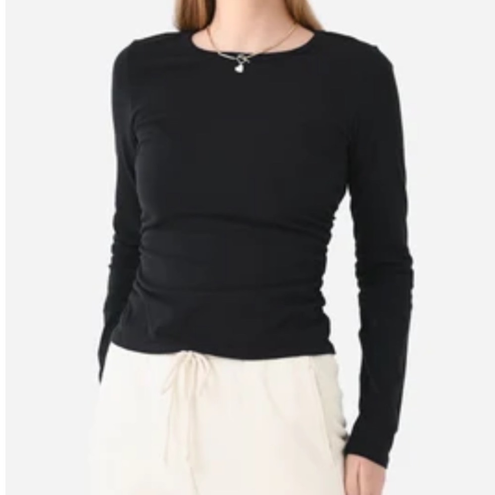 Xirena Black Frankie Side Ruched Long Sleeve Cotton Crew Neck Top Women Large